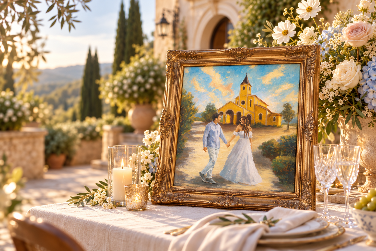 Pintura de um casal integrada numa mesa de celebração, entre flores e velas